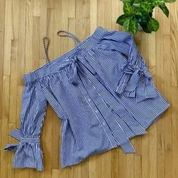 Kimchi Blue Urban Outfitters Striped Off-Shoulder Tie-Back Top White/Blue Size S - Picture 12 of 12